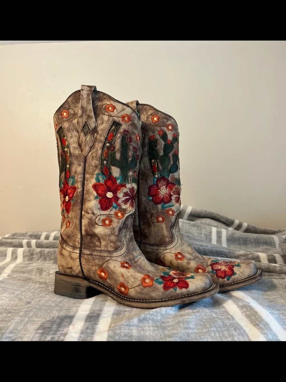 Corral Embroidered Floral Western Cowboy Boots - Taupe with Red & Green